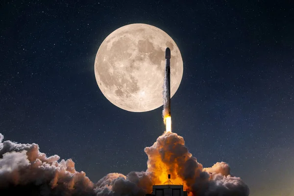 Space Rocket Blast Puffs Smoke Lift Successfully Space Stars Full — Stock Photo, Image
