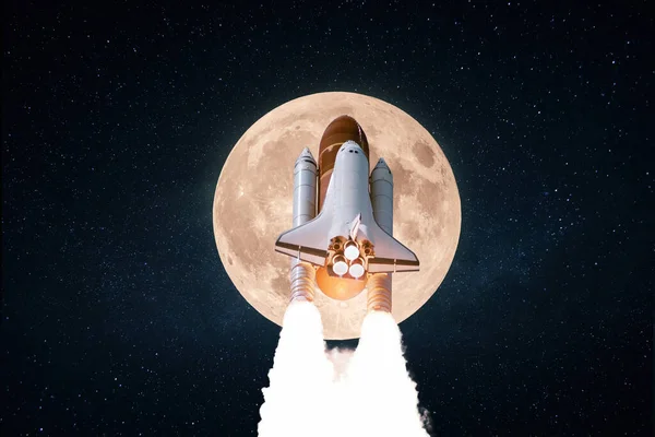 New space rocket shuttle with blast takes off into starry space with full amazing moon. Successful launch and lift on spacecraft to the moon. Start space expedition mission to the moon