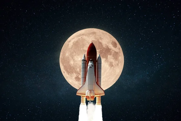 Amazing space shuttle rocket with blast successfully takes off into the starry sky with a big full moon. The beginning of the lunar mission and space ship launch. Science and technology concept