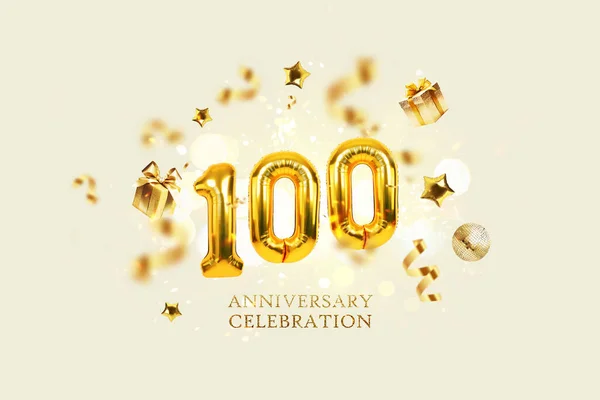 Gold Balloons 100 with golden gifts, confetti, stars and a mirrored balloon on a beige background with sparkles and bokeh lights. Anniversary one hundred years celebration, creative idea. Luxury Card