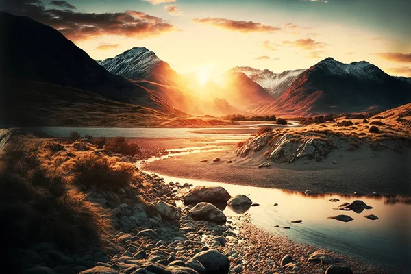 Amazing landscape with mountains and river at sunset. 3d illustration