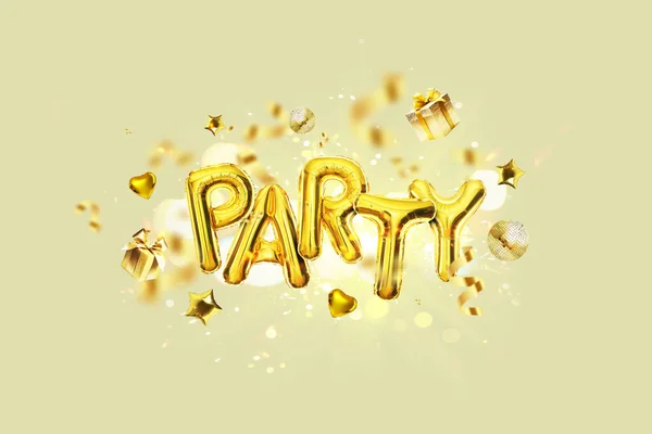 Gold Party Balloons fly with golden gifts, confetti, mirrored balloons, stars and hearts on a beige background with sparkles. Luxury Party, a creative idea