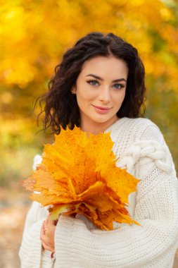 Beyaz, klasik örgü süveter giyen kıvırcık saçlı, mutlu, şık bir manken. Kanada 'daki Golden Park' ta bir buket sarı akçaağaç yaprağı tutuyor.