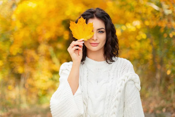 곱슬곱슬 머리와 아름다운 유행에 스웨터를 가을의 공원에 단풍잎으로 그녀의 가리고 — 스톡 사진