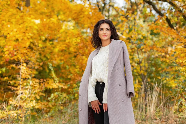 stock image Beautiful young curly girl with a curly hairstyle in vintage style clothes with a coat and a knitted sweater walks in the autumn park