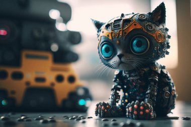 Ev hayvanı siber kedi, yaratıcı bir fikir. Yapay zeka teknolojisi ve gelecek, kavram. Kedi androidi
