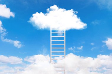 White creative staircase in the clouds. Career growth, creative idea. Skills and success concept. Ladder in blue sky with clouds