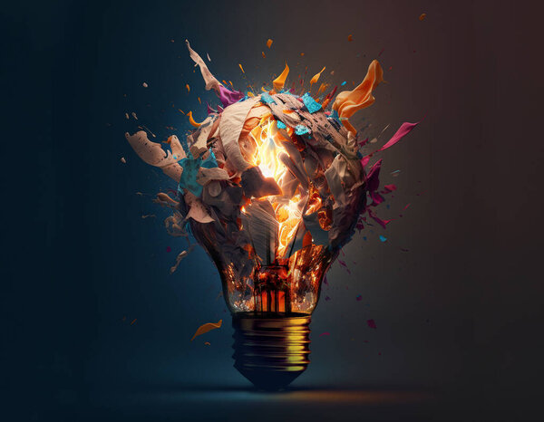 Creative light bulb explodes with splashes of multi-colored paint on a dark background. Creative idea, concept. Think differently. Creation of creative