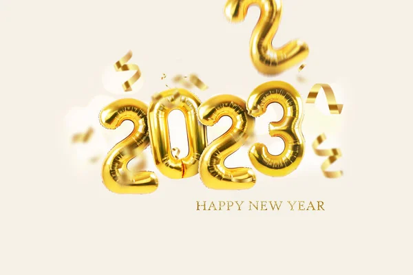 Balões Dourados 2023 Ano Novo Com Confete Fundo Leve Feliz — Fotografia de Stock