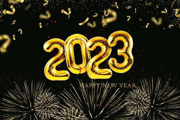 Golden Balloons 2023 New Year's Eve on a black background with gold fireworks and confetti. Luxury golden color. Happy New Year, concept idea. Creative design