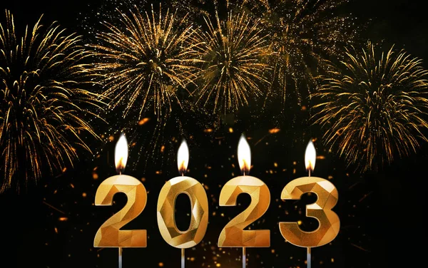 Golden Holiday Candles 2023 Burning Background Gold Fireworks Happy New — Foto de Stock