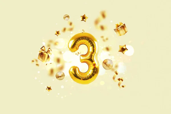 Gouden Nummer Vliegen Met Gouden Confetti Geschenken Spiegelbal Sterren Ballonnen — Stockfoto