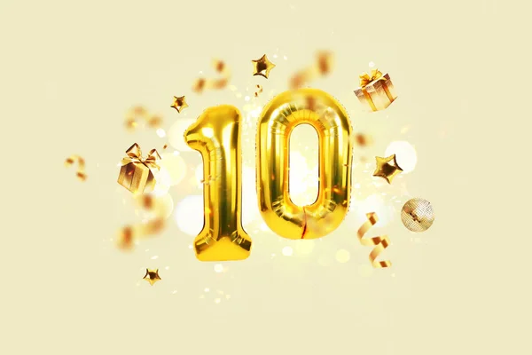 黄金のコンフェッティ プレゼント ミラーボールと星が付いている金のお祝いの風船10は ボケの照明や火花とベージュの背景に飛んでいます 誕生日豪華なパーティー10カード 創造的なアイデア — ストック写真