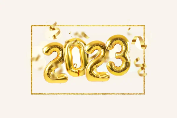 Happy New Year 2023 Metallic Gold Foil Balloons Confetti Bokeh — Stock Photo, Image