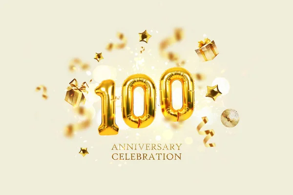 Золоті Кульки 100 Золотими Подарунками Конфетті Зірками Дзеркальною Кулею Бежевому — стокове фото
