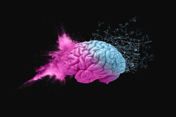 Creative brain - creative and mathematical mindset. Explosion of colors and creativity, concept. Mathematics, formulas and chemistry, concept. Smart and creative mind. Thinking different