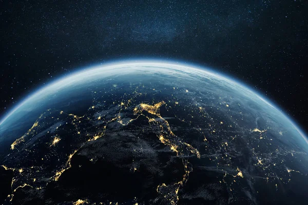 Niesamowita Planeta Ziemia Nocnymi Światłami Miast Megamiast Otwartą Gwiezdną Przestrzenią — Zdjęcie stockowe