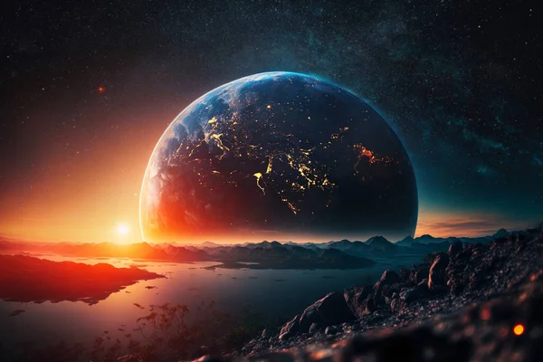 Amazing space planet Mars landscape with mountains and water at sunset with starry sky and big planet earth with lights of night cities. Creative future space concept.