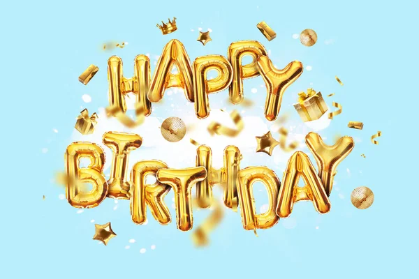 Golden Happy Birthday Balloons Flying Blue Background Golden Confetti Diamonds — Stock fotografie
