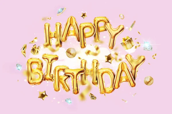 Golden Happy Birthday Balloons Flying Pink Background Golden Confetti Diamonds — Photo