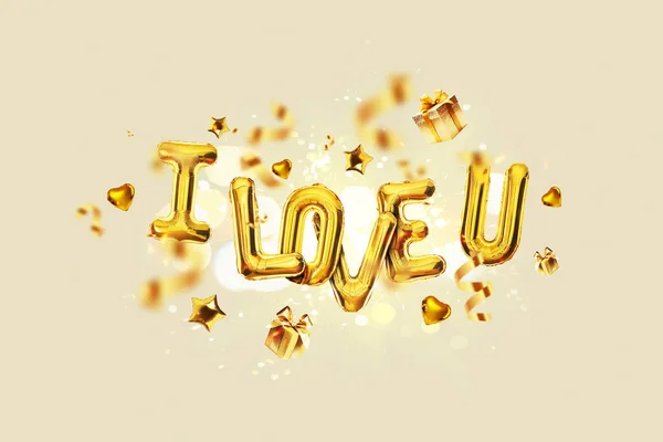 Luxury Golden Balloons Love You Gold Confetti Gifts Hearts Stars — Stock Photo, Image