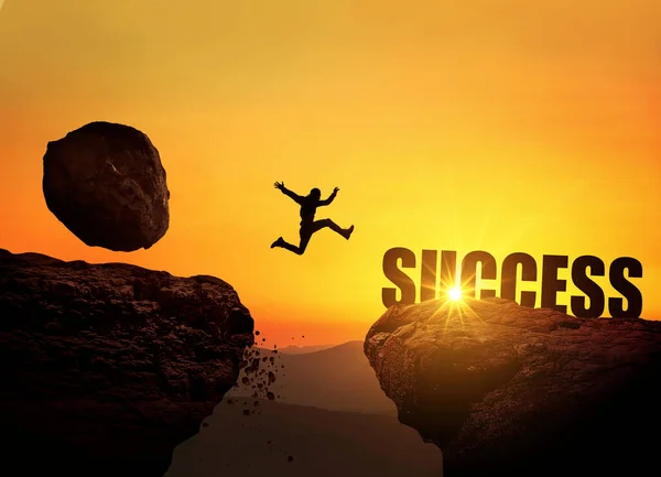Businessman Runs Falling Stone Mountain Jumps Cliff Sunset Success Finance — 스톡 사진