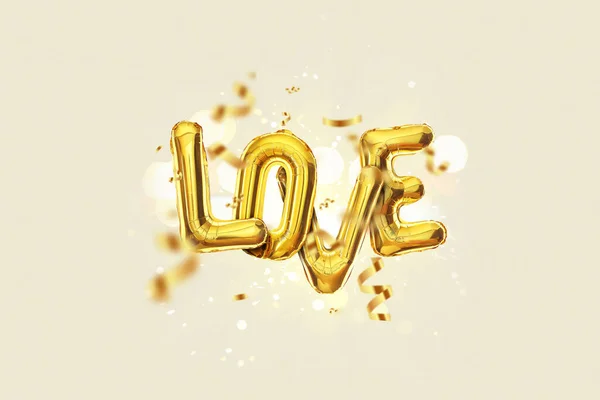金色的气球爱在米色的背景上带着五彩纸屑 火花和浅褐色的光芒飞翔 情人节假期 奢华金爱横幅概念 — 图库照片