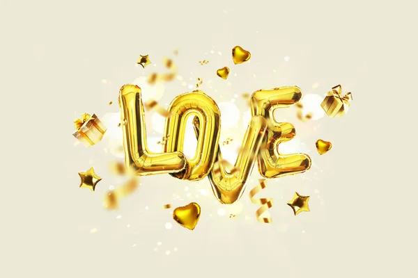 Altın Delüks Aşk Balonları Altın Hediyeler Konfeti Yıldızlar Bej Arka — Stok fotoğraf