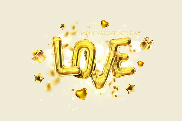 Golden Love Balloons Confetti Gold Gifts Balloon Heart Star Fly — Stock Photo, Image