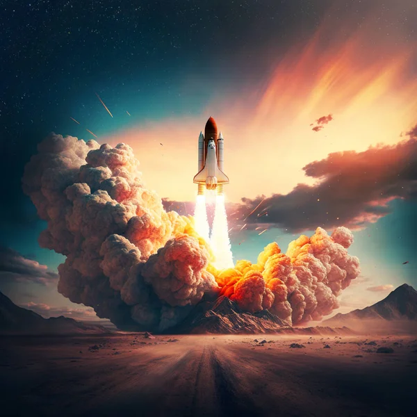 Fantastisk Rymdfärja Raket Med Rök Och Blastoff Framgångsrikt Lanseras Stjärnhimlen — Stockfoto