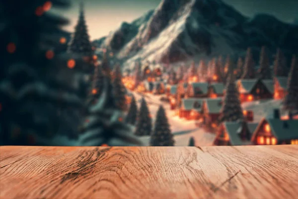 Wooden Vintage Textured Table Background Blurry Holidays Winter Village Mountains — Stock Photo, Image