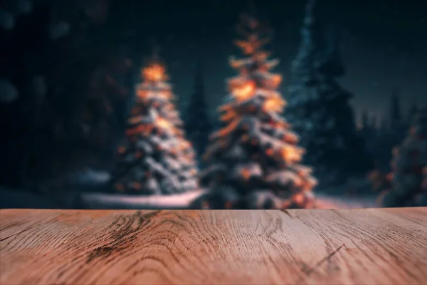 Stary Drewniany Stół Teksturowany Tle Zimowego Lasu Śniegiem Choinka Światłami — Zdjęcie stockowe