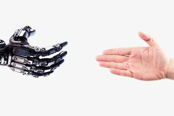 Robot Hand Reaches Out Human Hand Handshake Cyborg Man Technology — 스톡 사진