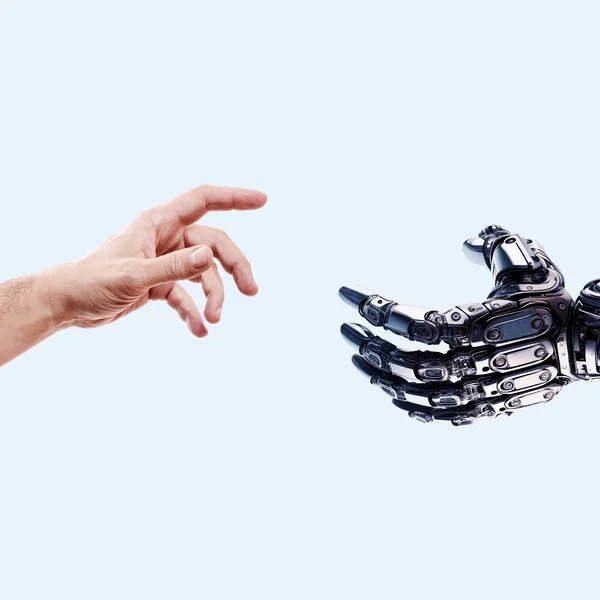 Man Hand Reaches Robot Hand Light Background Android Robot Helps — 스톡 사진