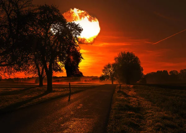 核爆炸在地平线上的树木后面爆炸 第三次世界大战 创造性的想法 世界的尽头 悲剧和爆炸 天空中明亮的核闪光蘑菇 — 图库照片