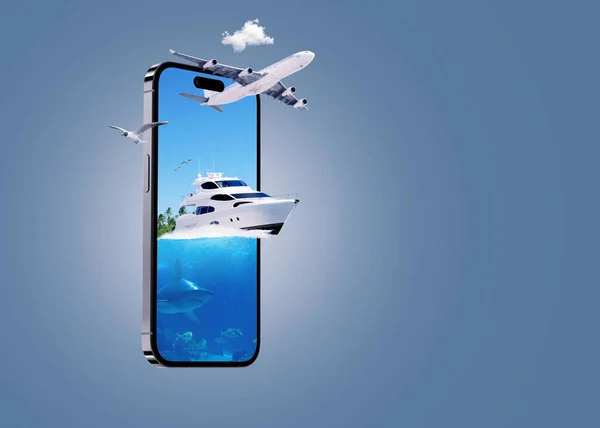 Yacht and airplane creative design on smartphone. Online booking concept. Travel and tourism concept. Journey to the sea with the underwater world and shark fish. Travel by sea and air