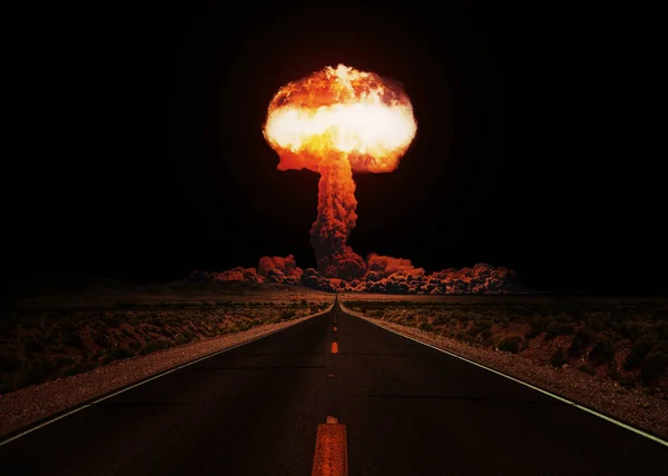 Uma Terrível Explosão Uma Bomba Nuclear Com Cogumelo Com Estrada — Fotografia de Stock