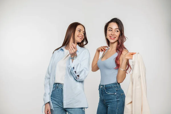 Two Stylish Happy Positive Young Girls Smile Fashion Denim Casual — Stock Photo, Image