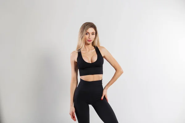 Beautiful Blonde Athletic Fitness Lady Sports Fashionable Black Clothes Top — Stock Photo, Image