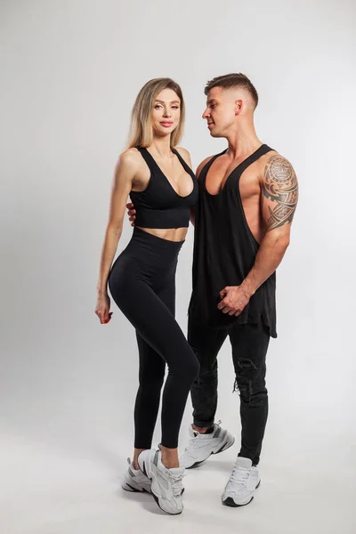 Beautiful Athletic Young Couple Fashionable Black Sportswear White Background Pretty — Stock Photo, Image