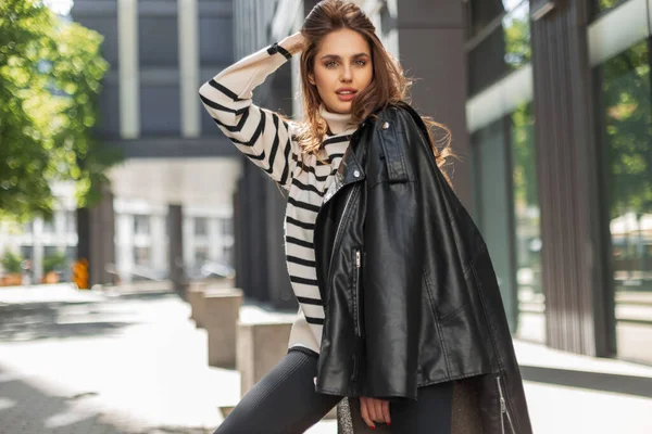 Fashionable Beautiful Young Stylish Lady Street Clothes Leather Jacket Sweater — Stock Photo, Image