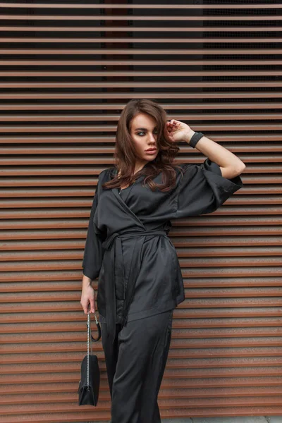 Modieus Mooi Jong Stijlvol Chic Vrouw Model Een Mode Zwart — Stockfoto