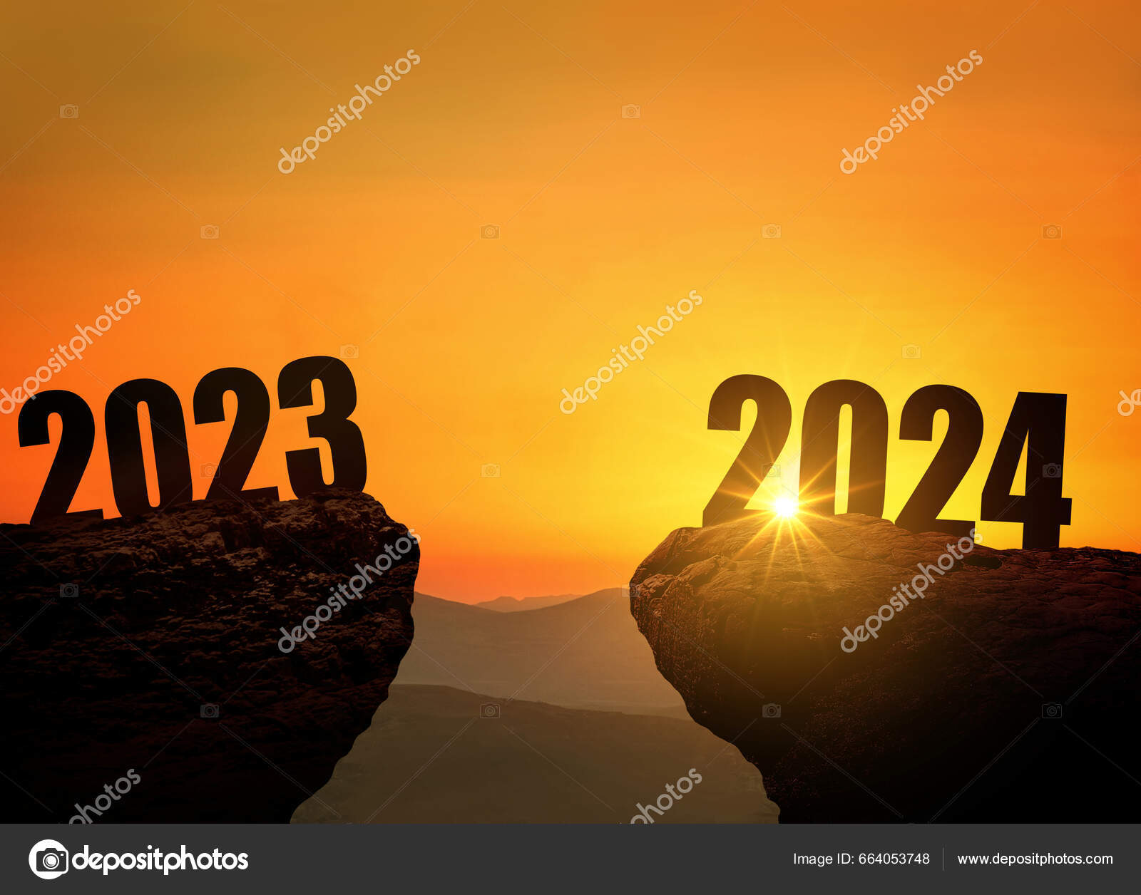 New Year's Eve 2024 Mountain Sunset Concept 2024 2023 Cliff Stock Photo