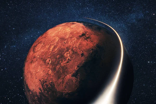 Raketoplán Létá Výbuchy Světelnou Čarou Kolem Rudé Planety Mars Hvězdami — Stock fotografie