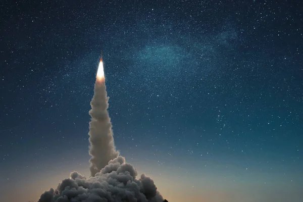 stock image Rocket take off to stars. Successful launch of a space rocket into outer space. Spaceship lift off into the starry sky. Travel and exploration other planets, concept