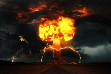 Bulutlu mantarlı bir nükleer bombanın korkunç patlaması ve karanlıkta fırtınalı bir fırtına. Hidrojen bombası testi. Nükleer bir facia. Nükleer patlamaya giden yol