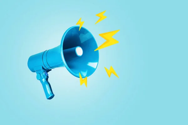 stock image Creative blue loudspeaker with yellow lightning bolts on a blue background. Creative idea, attention! Urgent news. Lightning traffic, advertising and message.