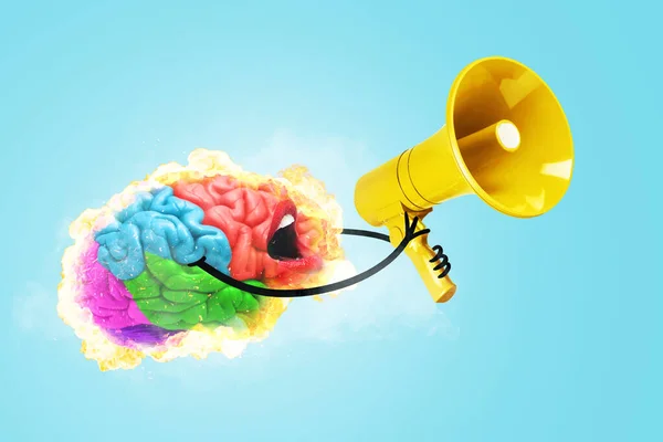 Kreativní Zábava Chytrý Mozek Exploduje Ohněm Drží Žlutý Reproduktor Křičí — Stock fotografie