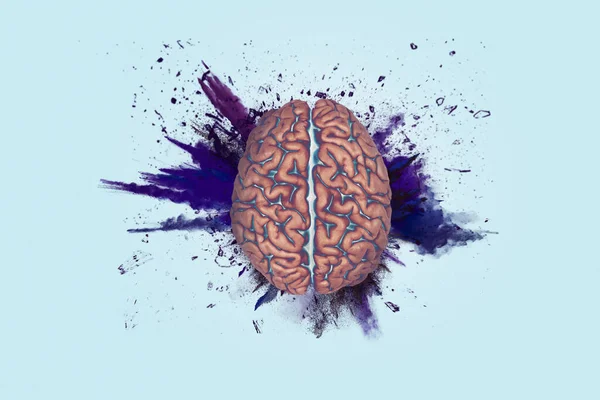 Kreativní Mozková Exploze Stříkancem Modrém Pozadí Brainstorming Koncept Přemýšlej Jinak — Stock fotografie