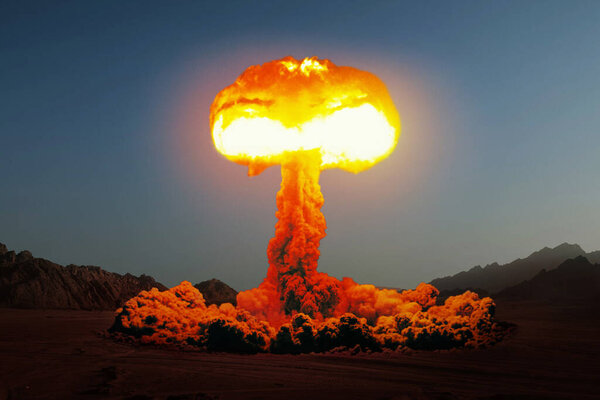Terrible explosion of a nuclear bomb with a mushroom in the desert. Hydrogen bomb test. Nuclear catastrophe. Nuclear mushroom. World War III